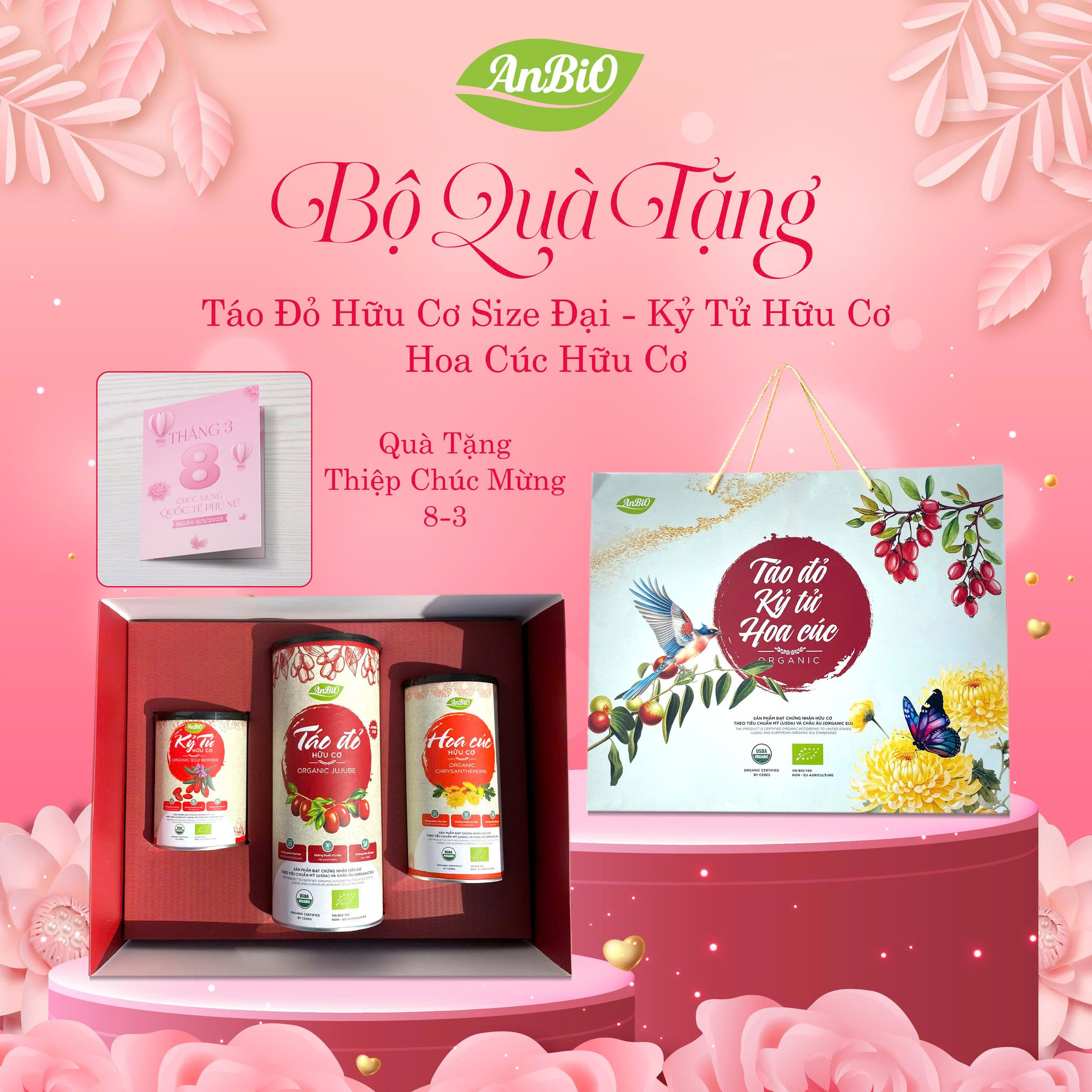 Hộp quà Táo đỏ đại + kỷ tử + hoa cúc hữu cơ (hộp đỏ) (Set)
