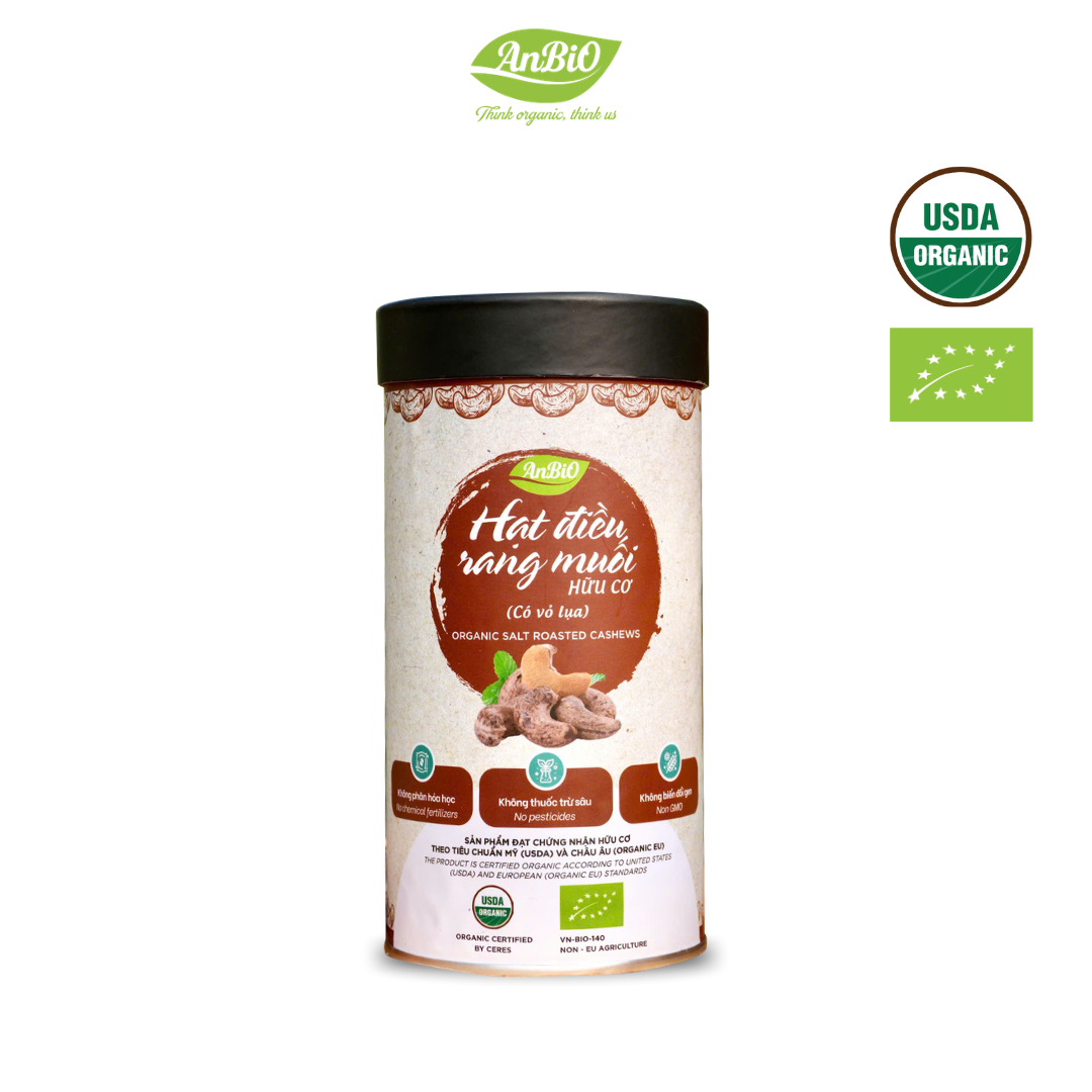 Hạt điều rang muối hữu cơ vỏ lụa Anbio - 200g (Hộp tròn)