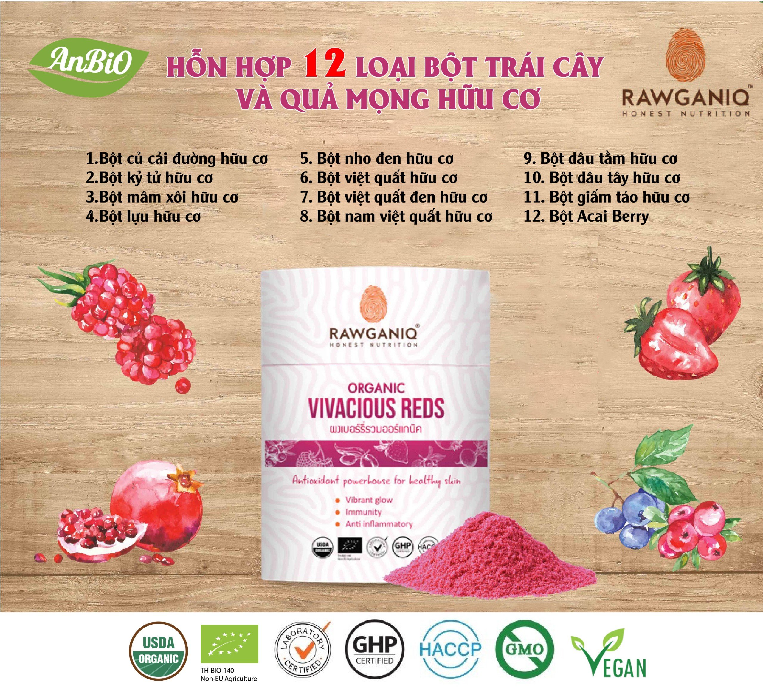 Hỗn hợp 12 loại bột trái cây và quả mọng hữu cơ 100g Rawganiq (VIVACIOUS REDS)
