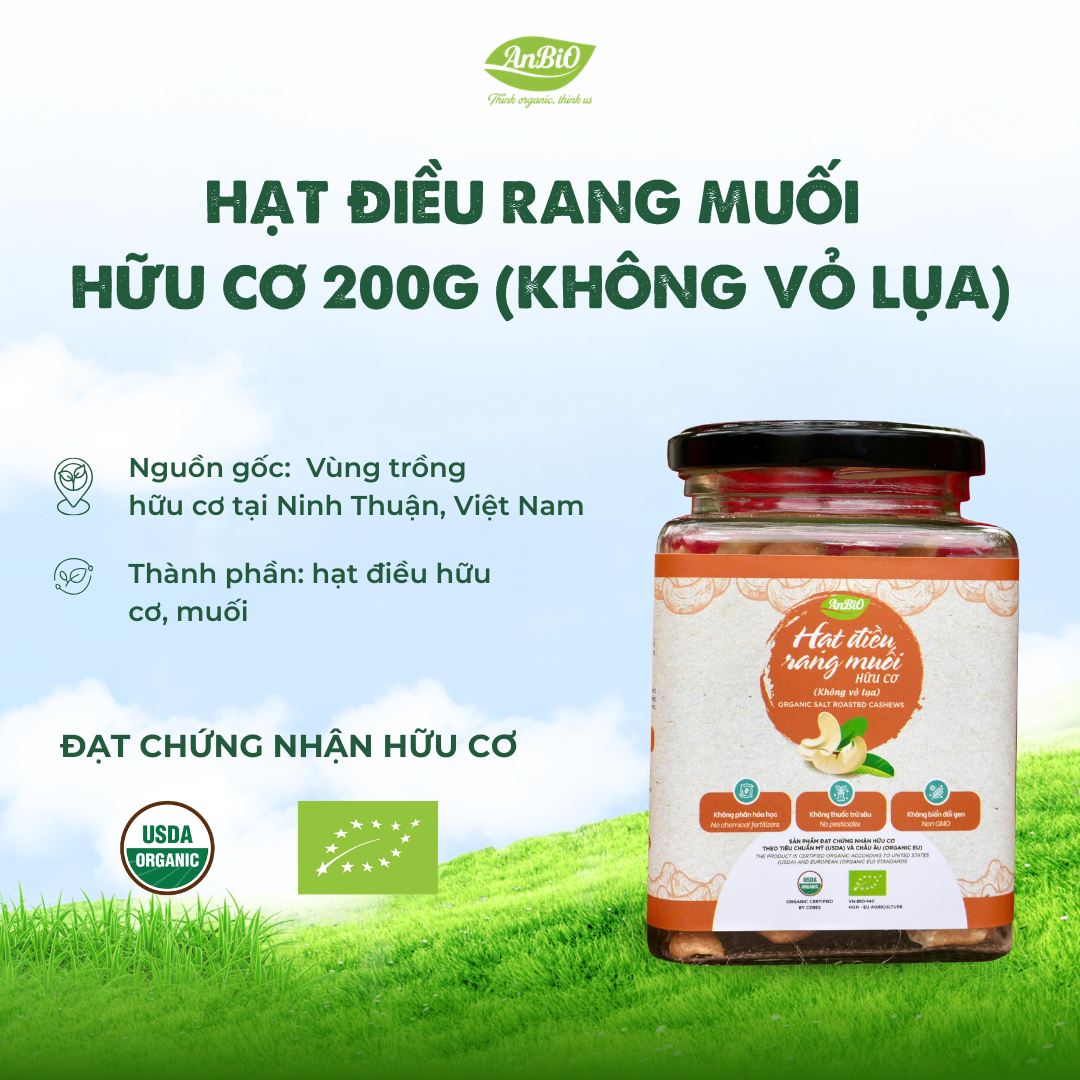 Điều rang muối hữu cơ không vỏ 200g (Lọ thủy tinh) (lọ)