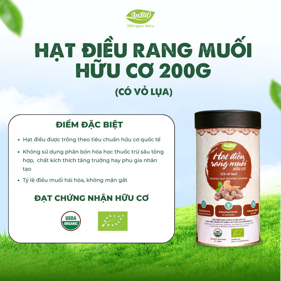Hạt điều rang muối hữu cơ vỏ lụa Anbio - 200g (Hộp tròn)