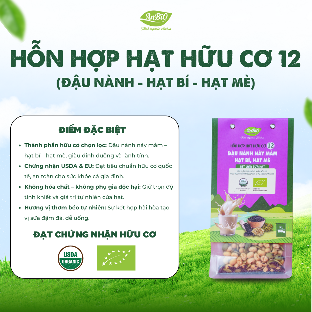 Hỗn hợp hạt hữu cơ số 12 ( Đậu nành - Hạt bí - Hạt mè HC)