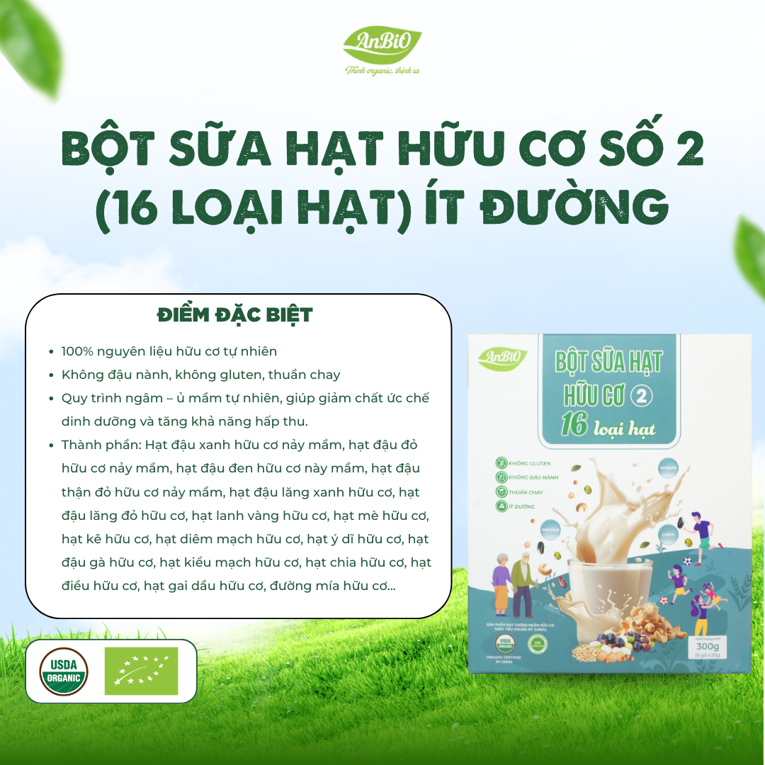 Bột sữa hạt hữu cơ số 2 ít đường (16 loại hạt)
