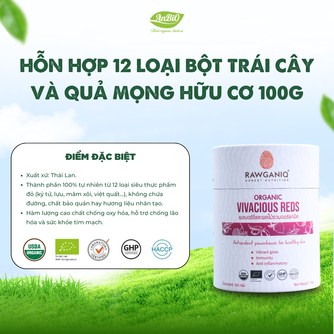 Hỗn hợp 12 loại bột trái cây và quả mọng hữu cơ 100g Rawganiq (VIVACIOUS REDS)