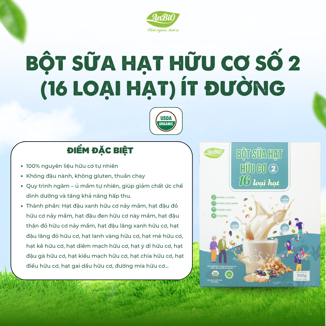 Bột sữa hạt hữu cơ số 2 ít đường (16 loại hạt)