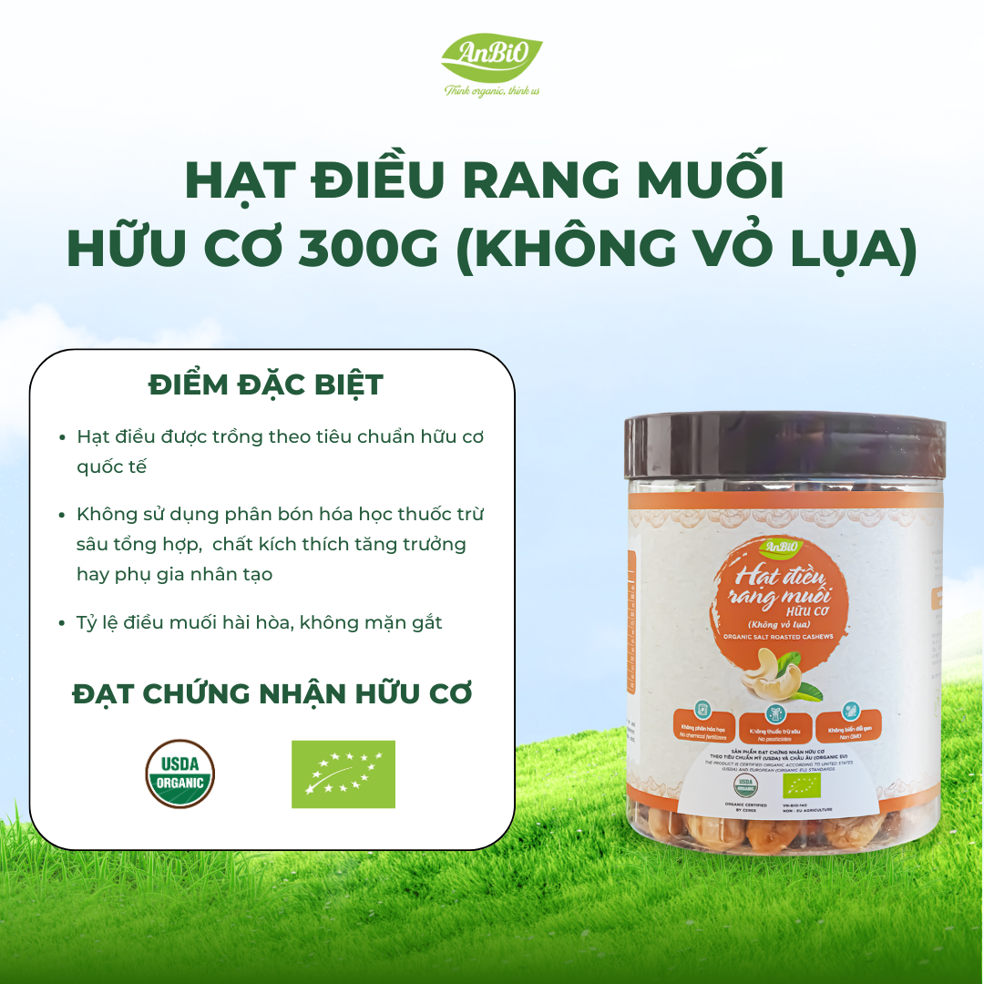 Hạt điều rang muối hữu cơ - không vỏ lụa 300gr