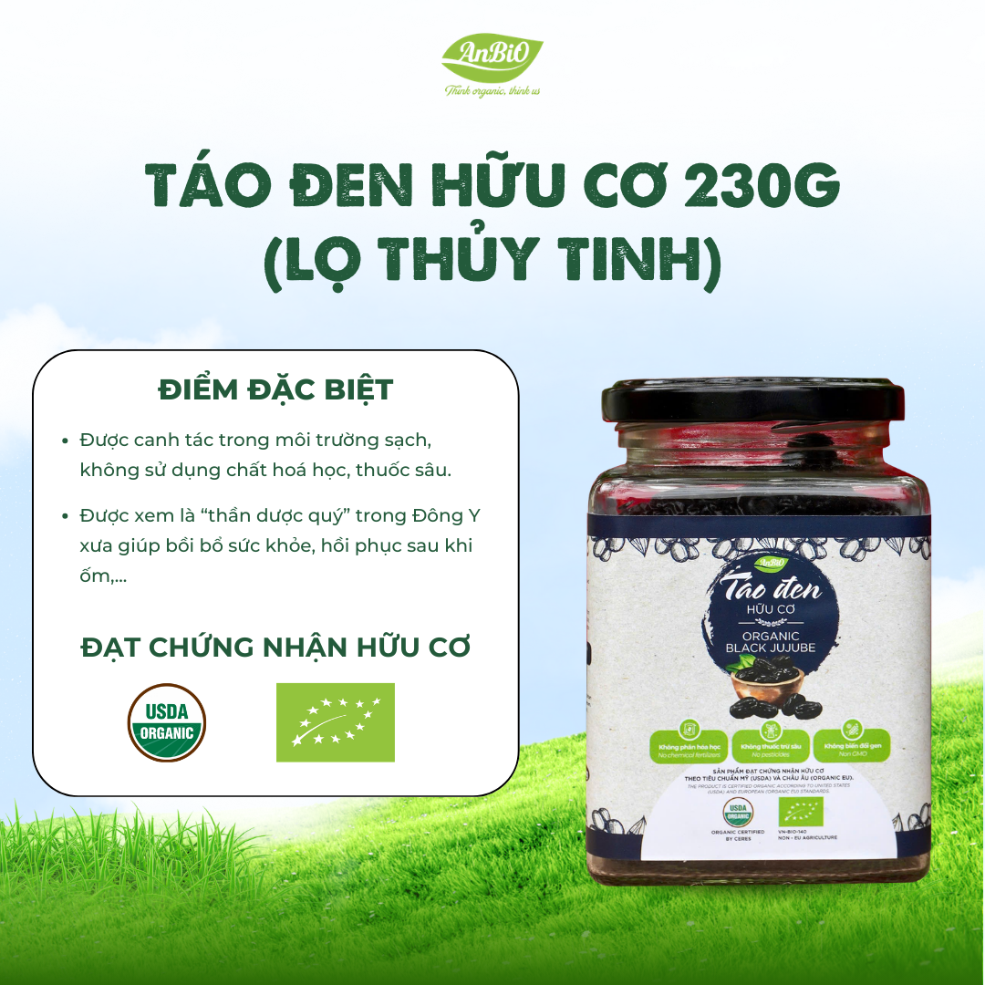 Táo đen hữu cơ 230g (Lọ thủy tinh) (lọ)