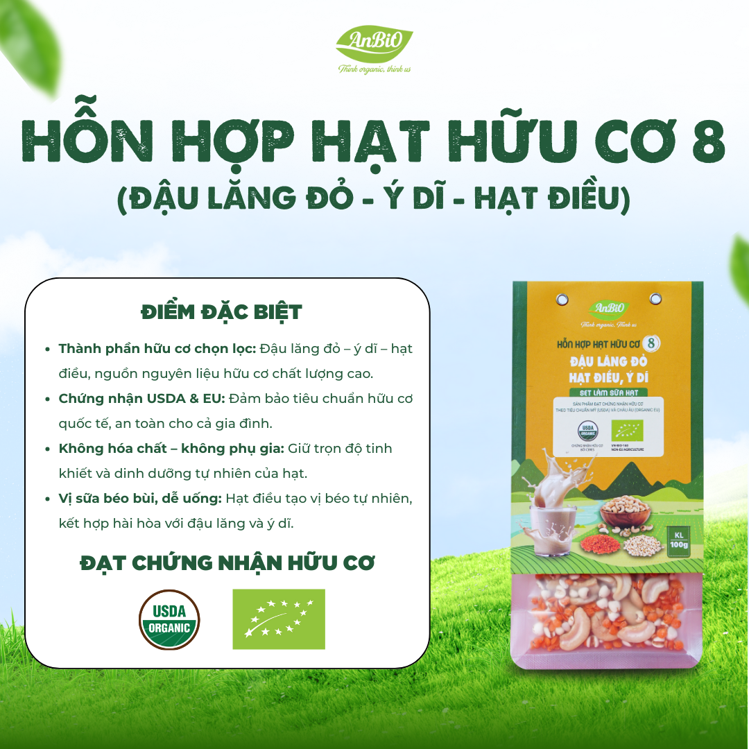 Hỗn hợp hạt hữu cơ số 8 ( Lăng đỏ - Hạt điều - Ý dĩ)