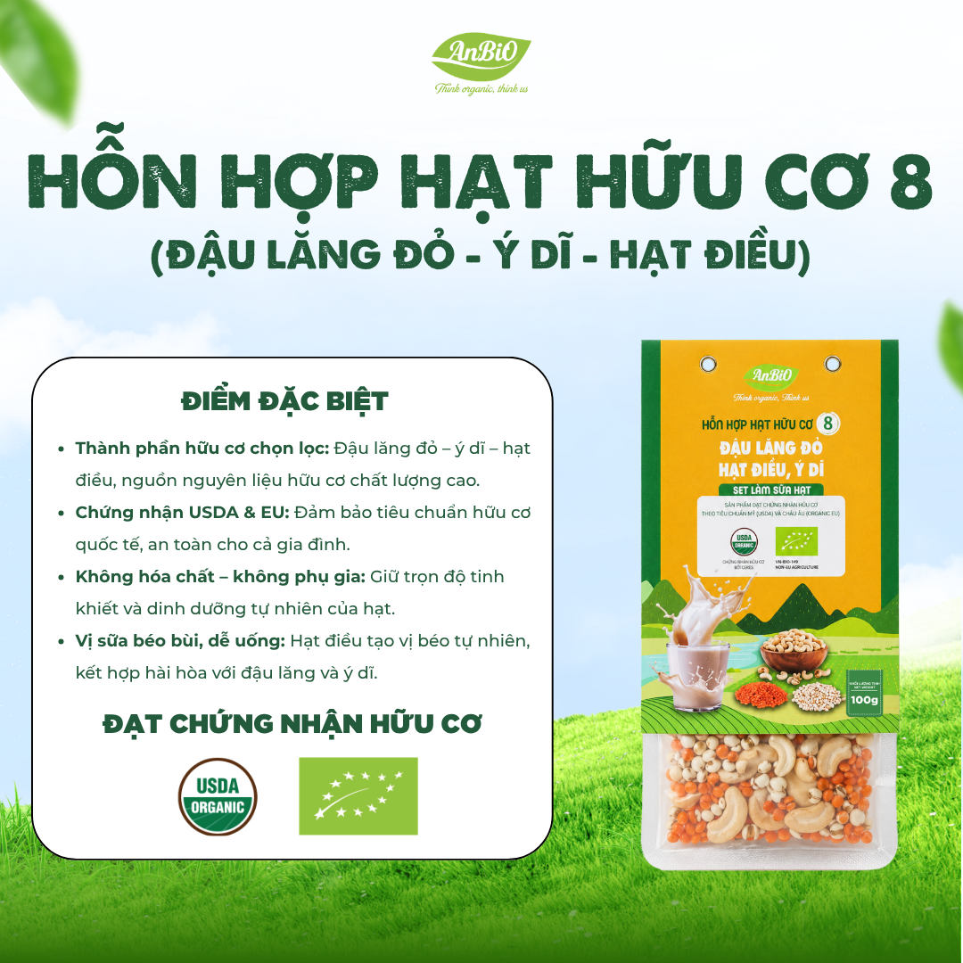 Hỗn hợp hạt hữu cơ số 8 ( Lăng đỏ - Hạt điều - Ý dĩ)