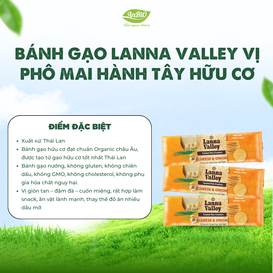 Lanna Valley Bánh gạo hữu cơ vị hành phô mai 100g