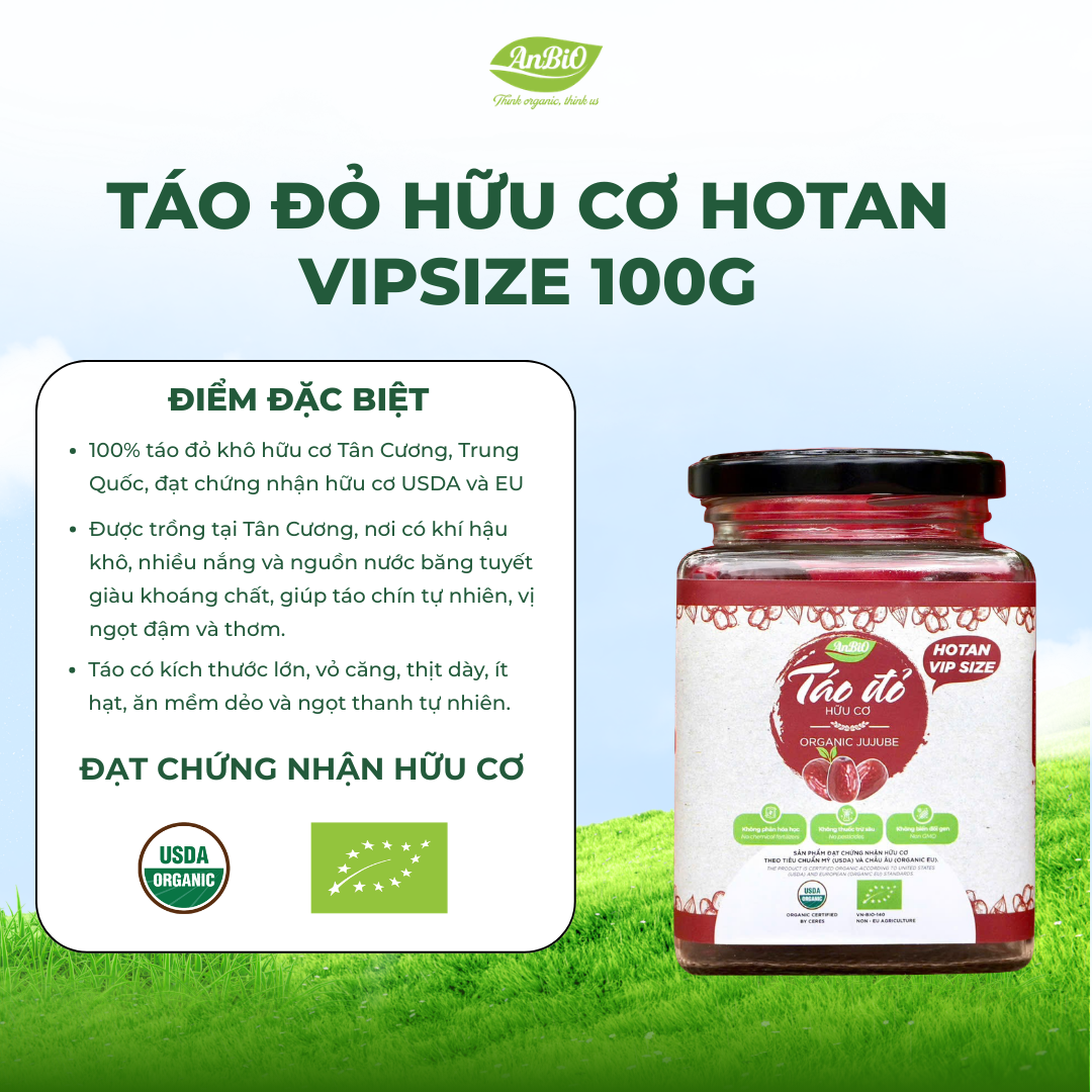 Táo đỏ Hotan hữu cơ 100g (Lọ thủy tinh) (lọ)