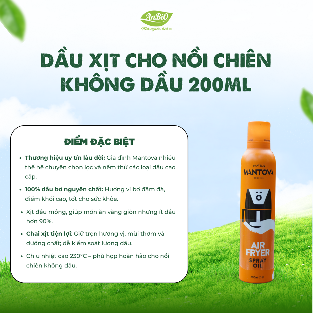 Mantova Dầu xịt cho nồi chiên không dầu 200ml - 230C