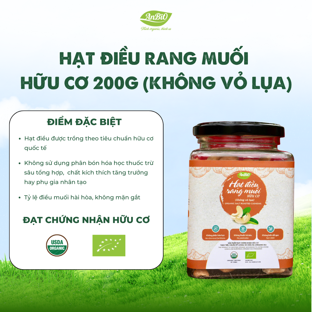 Điều rang muối hữu cơ không vỏ 200g (Lọ thủy tinh) (lọ)