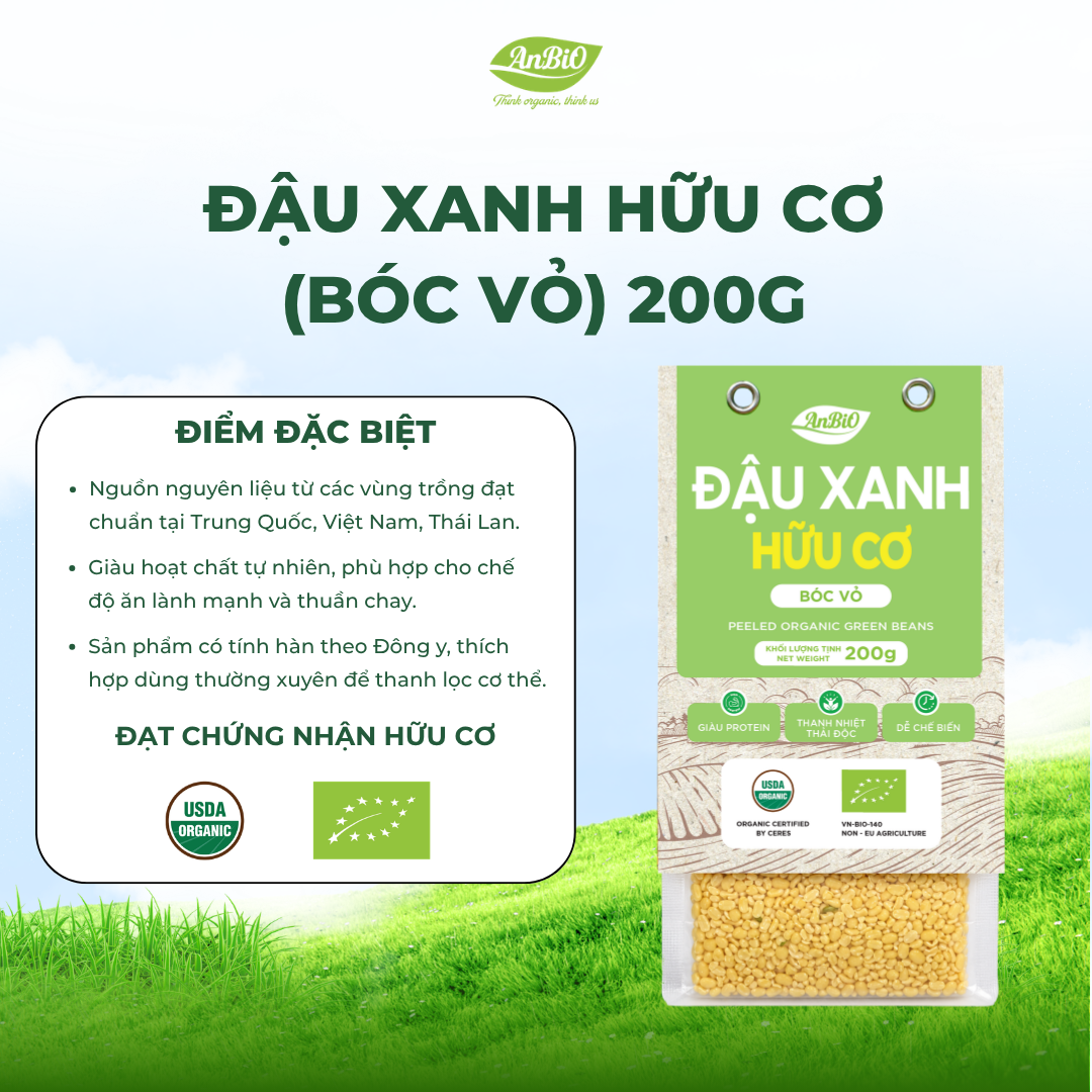 Đậu xanh hữu cơ AnBiO 200g (bóc vỏ)