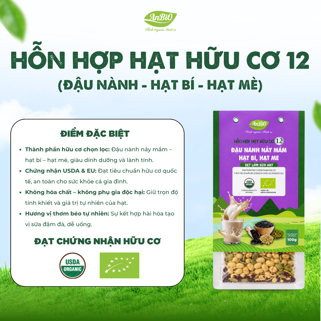 Hỗn hợp hạt hữu cơ số 12 ( Đậu nành - Hạt bí - Hạt mè HC)