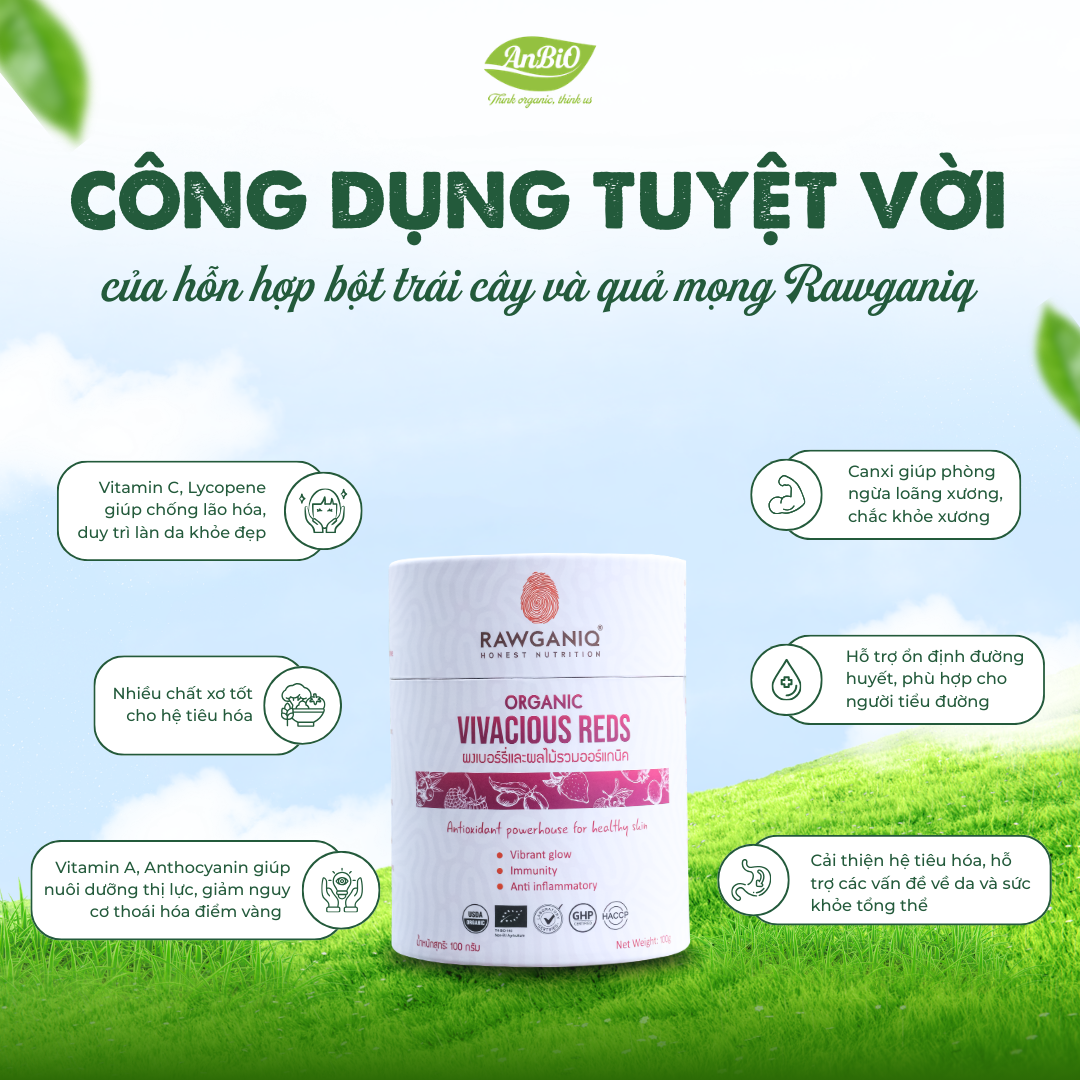 Hỗn hợp 12 loại bột trái cây và quả mọng hữu cơ 100g Rawganiq (VIVACIOUS REDS)