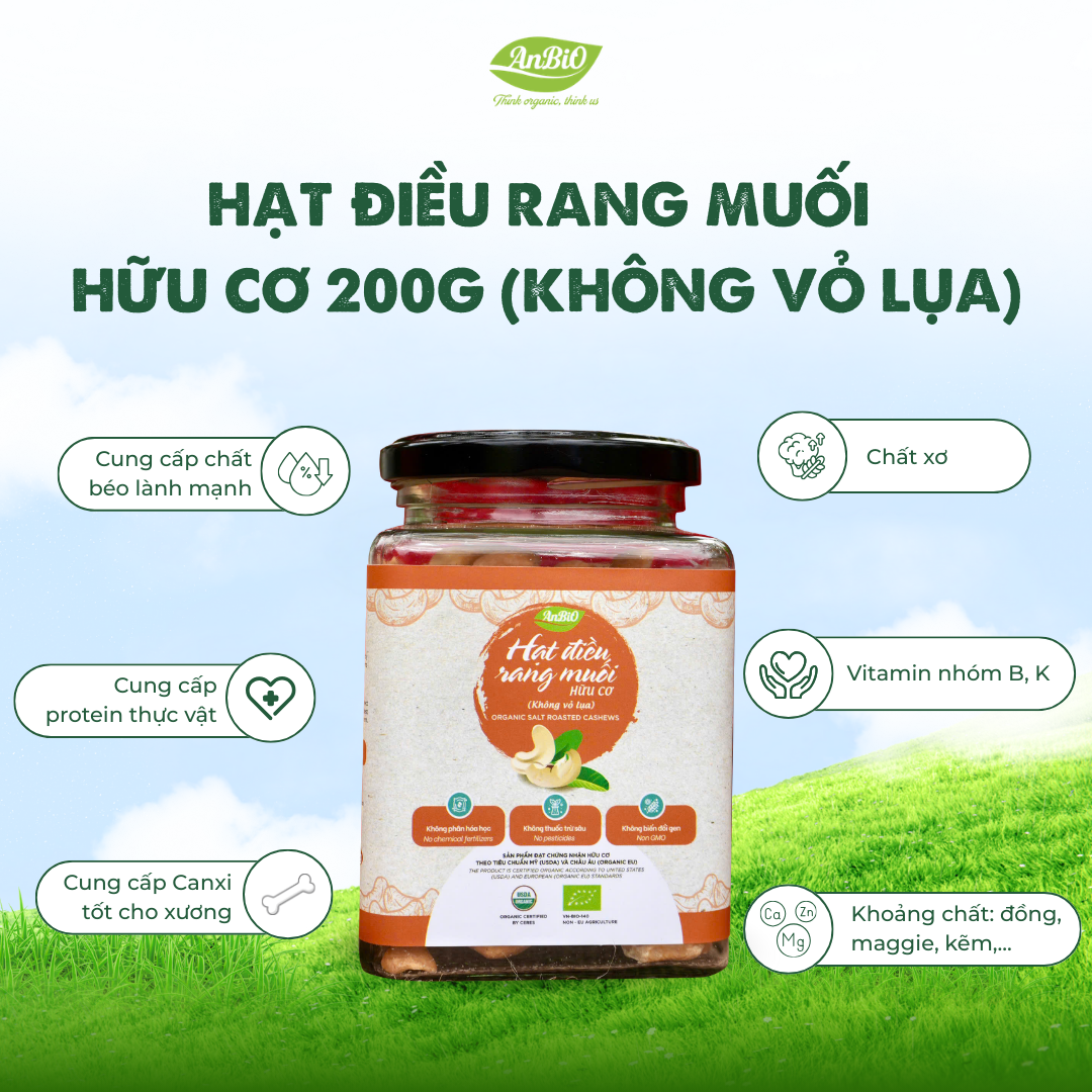 Điều rang muối hữu cơ không vỏ 200g (Lọ thủy tinh) (lọ)