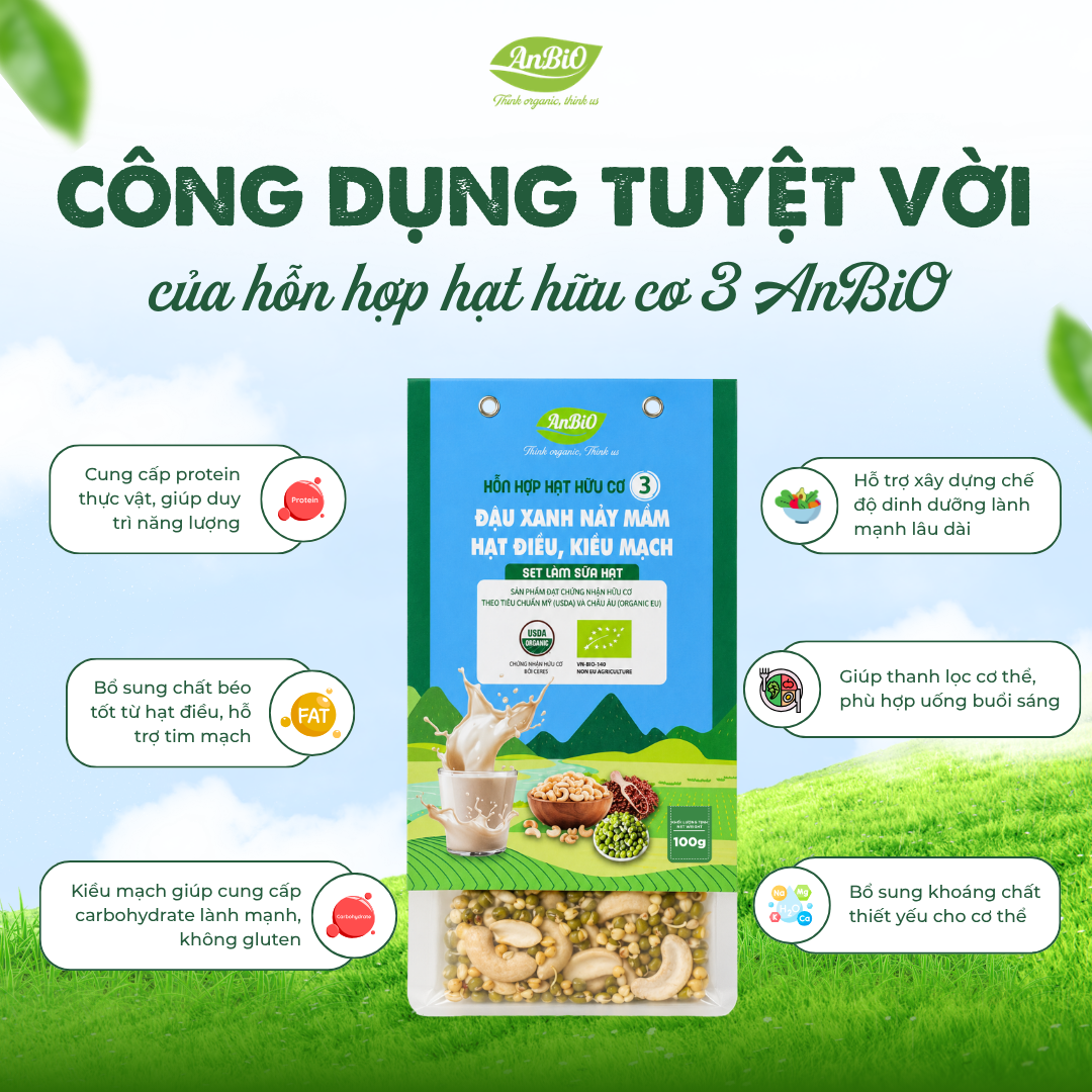 Hỗn hợp hạt hữu cơ số 3 (Đậu xanh - Hạt điều - Kiều mạch)