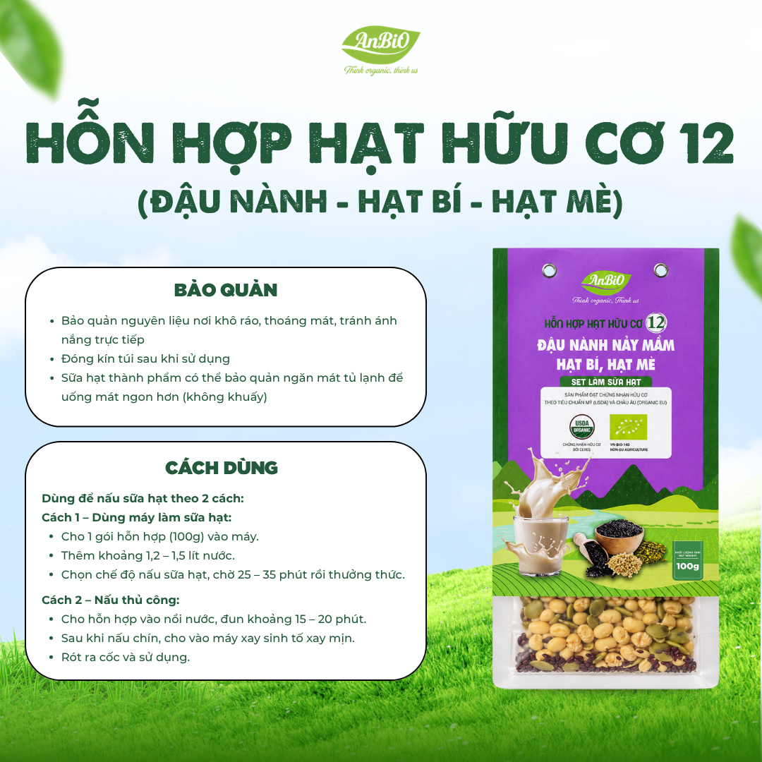Hỗn hợp hạt hữu cơ số 12 ( Đậu nành - Hạt bí - Hạt mè HC)
