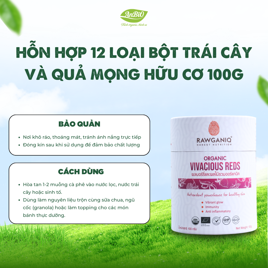 Hỗn hợp 12 loại bột trái cây và quả mọng hữu cơ 100g Rawganiq (VIVACIOUS REDS)