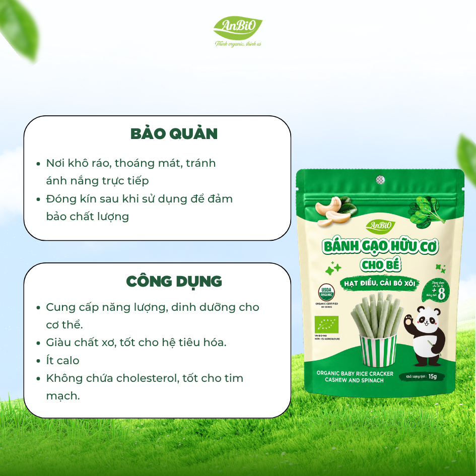 Bánh gạo hữu cơ AnBiO vị hạt điều, cải bó xôi 15g