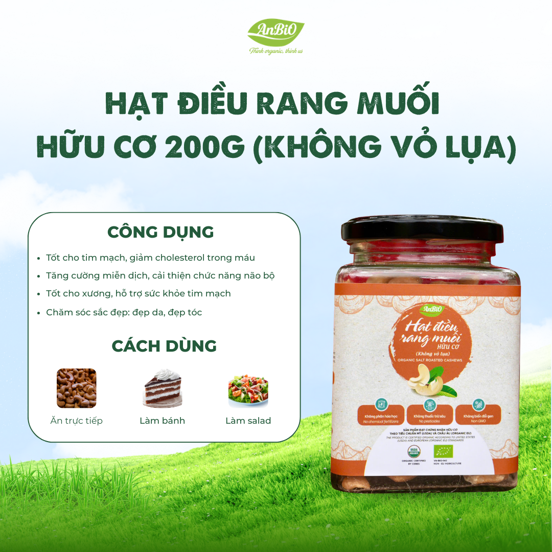 Điều rang muối hữu cơ không vỏ 200g (Lọ thủy tinh) (lọ)
