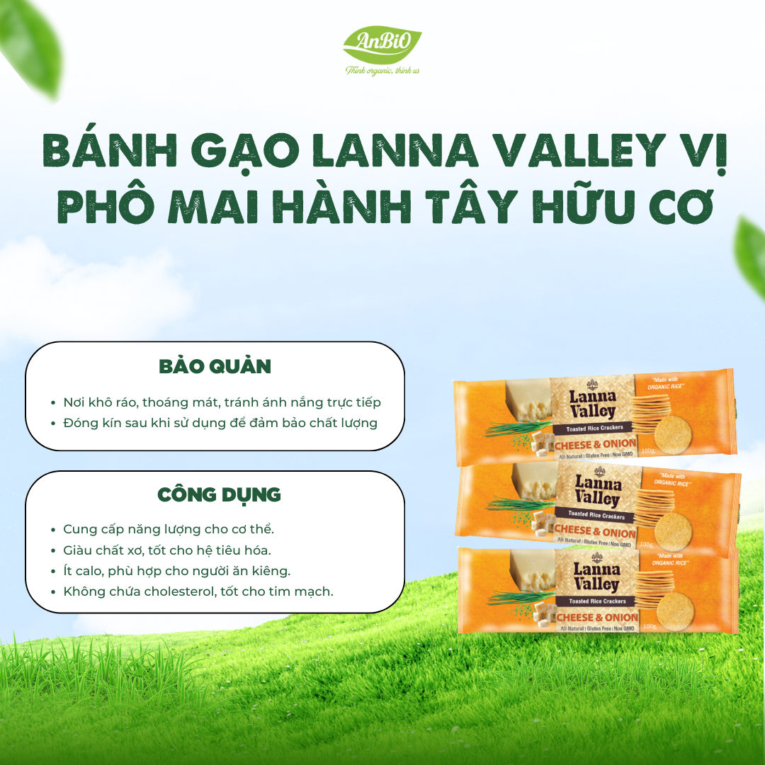 Lanna Valley Bánh gạo hữu cơ vị hành phô mai 100g