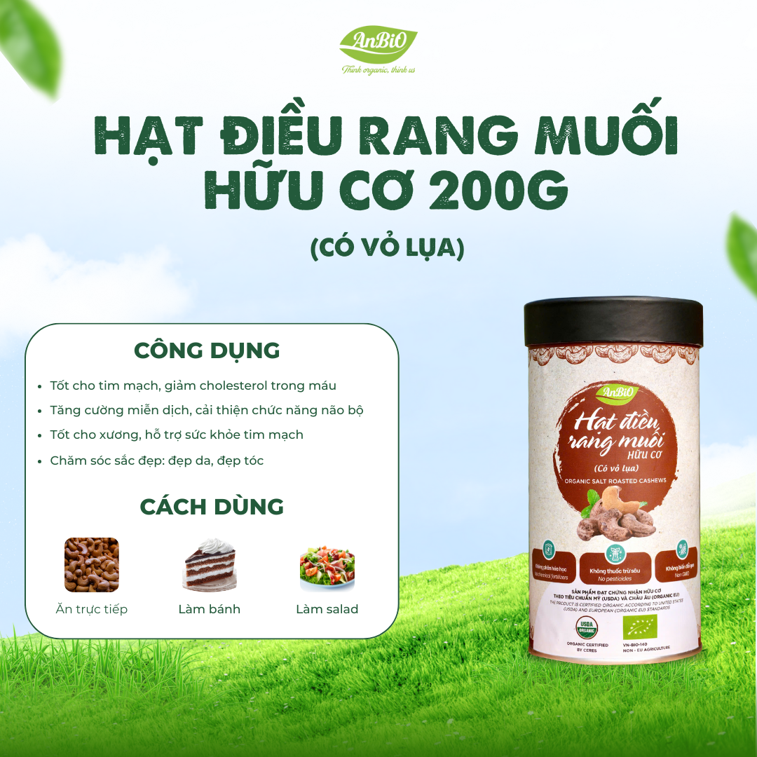 Hạt điều rang muối hữu cơ vỏ lụa Anbio - 200g (Hộp tròn)