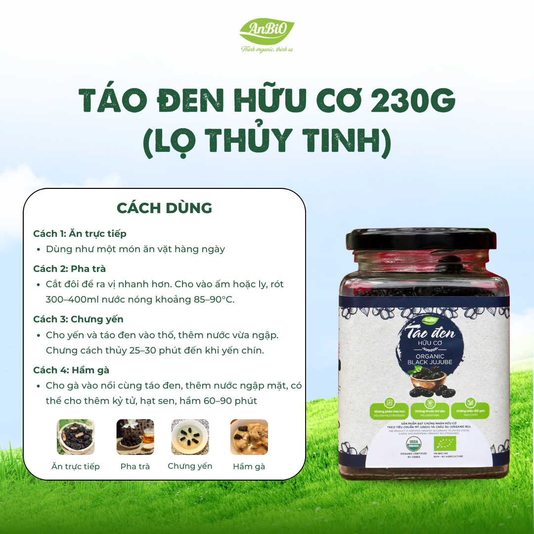 Táo đen hữu cơ 230g (Lọ thủy tinh) (lọ)