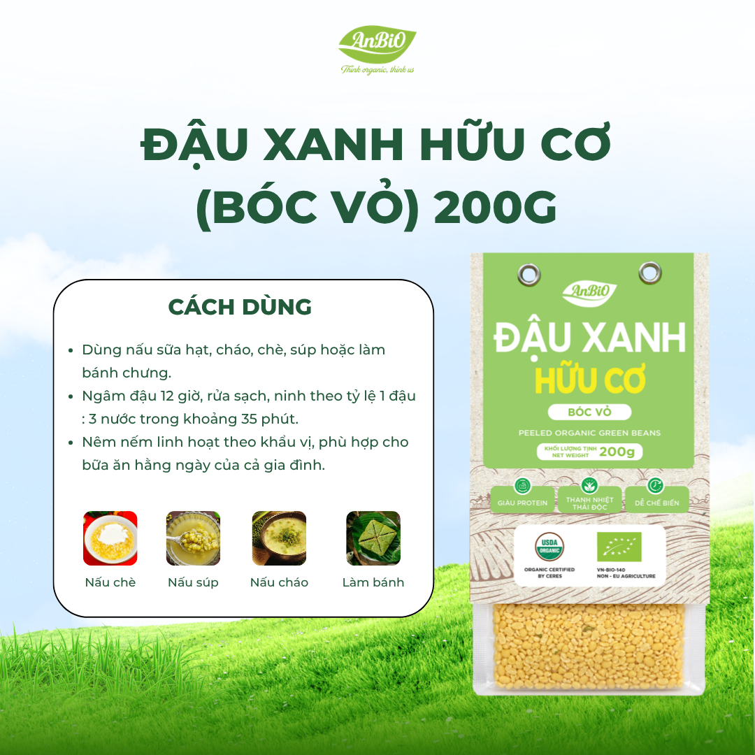 Đậu xanh hữu cơ AnBiO 200g (bóc vỏ)