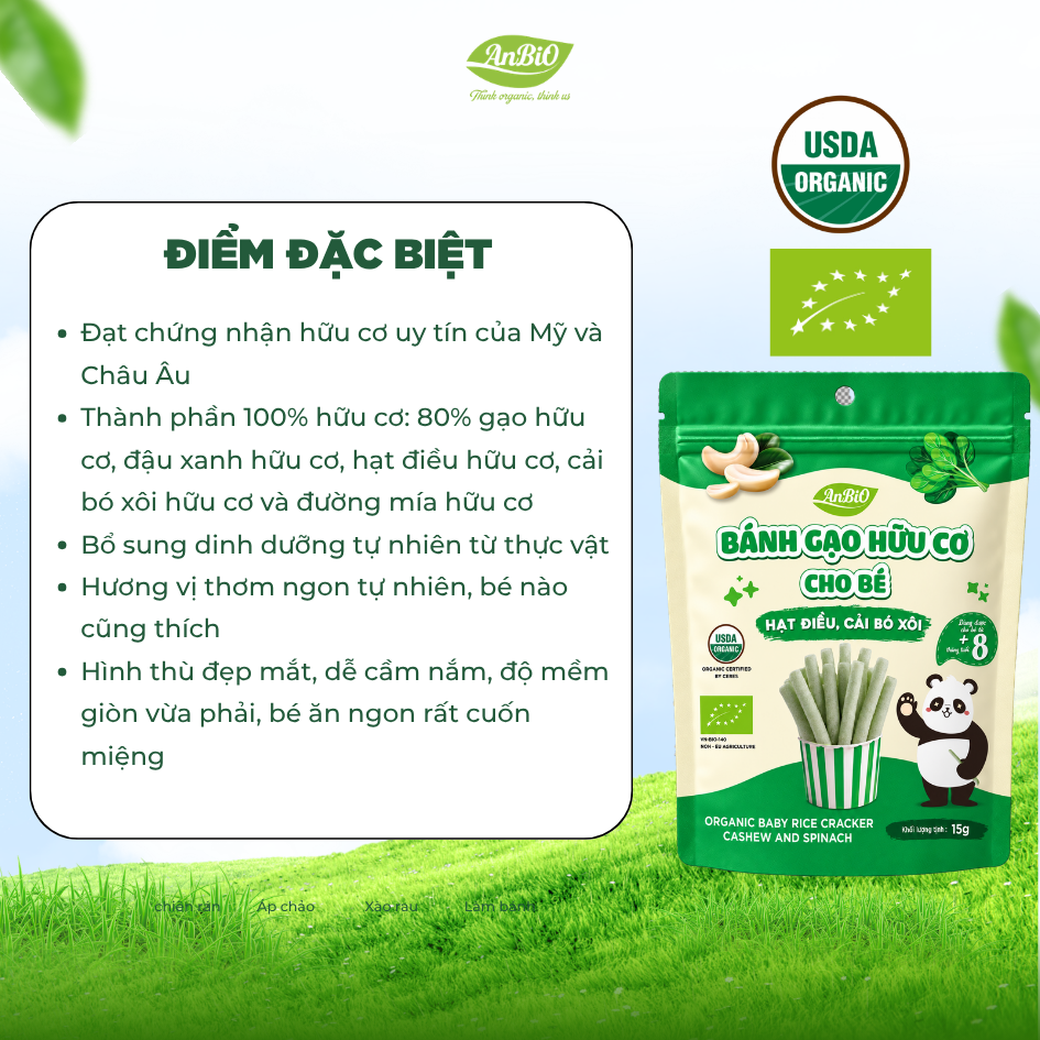 Bánh gạo hữu cơ AnBiO vị hạt điều, cải bó xôi 15g