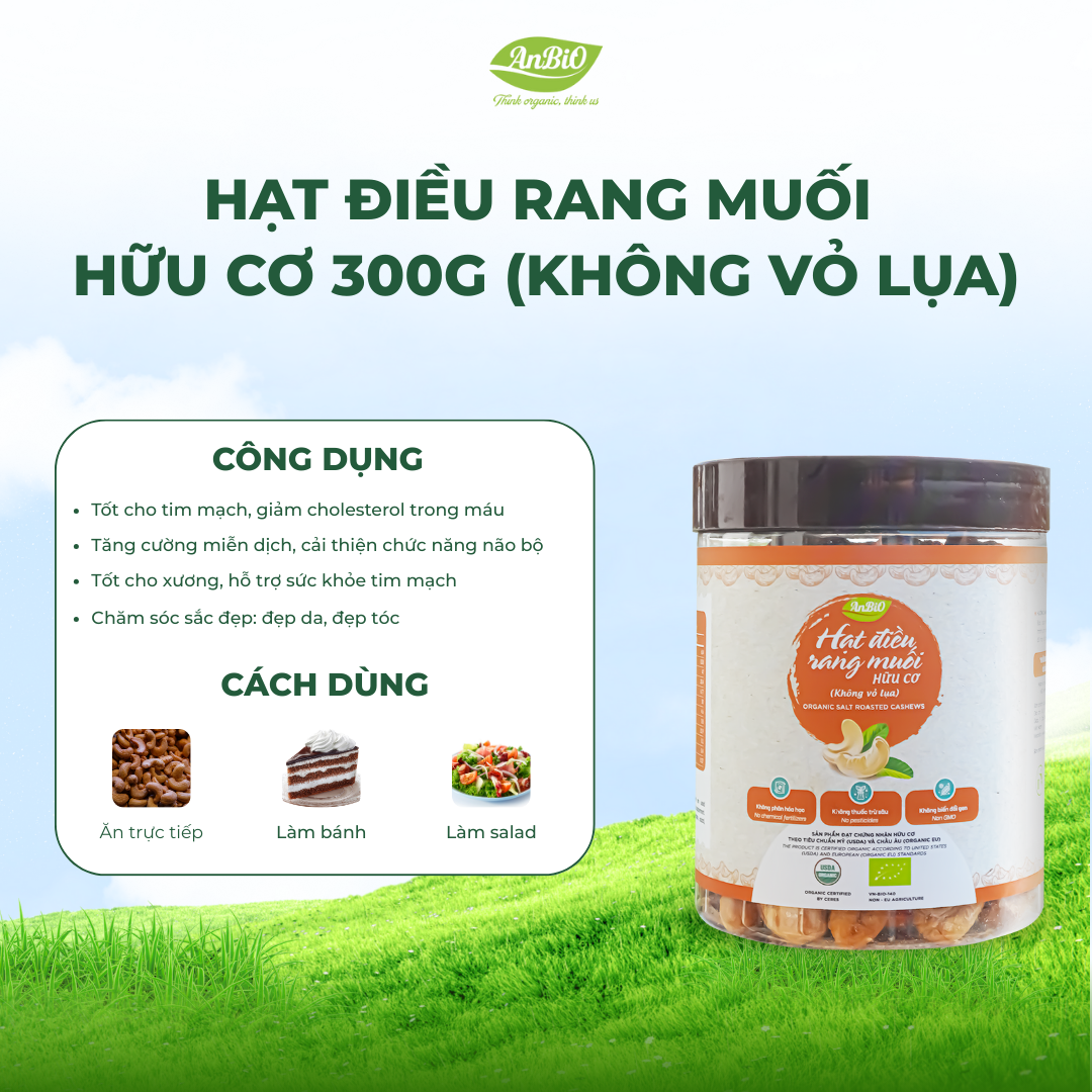 Hạt điều rang muối hữu cơ - không vỏ lụa 300gr