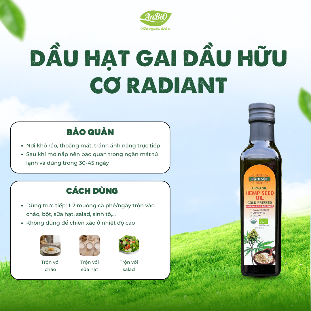 Dầu hạt gai dầu hữu cơ ép lạnh Radiant 250ml (Chai)