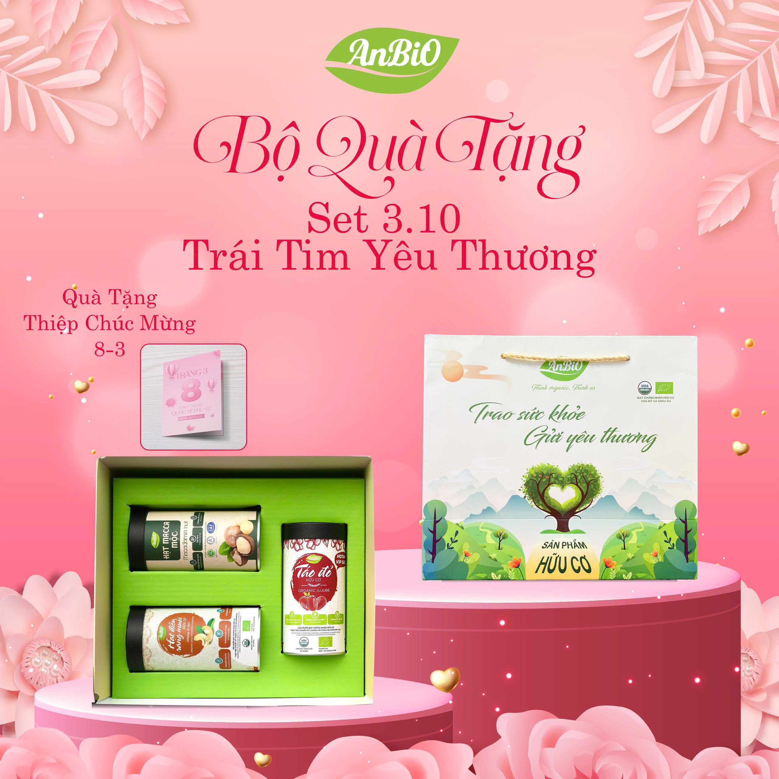 Set 3.10 xanh: Táo đỏ hữu cơ, Macca mộc, Hạt điều rang muối không vỏ hữu cơ