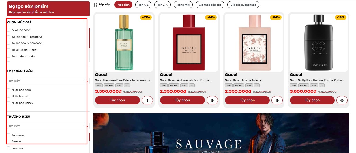 Bộ lọc sản phẩm