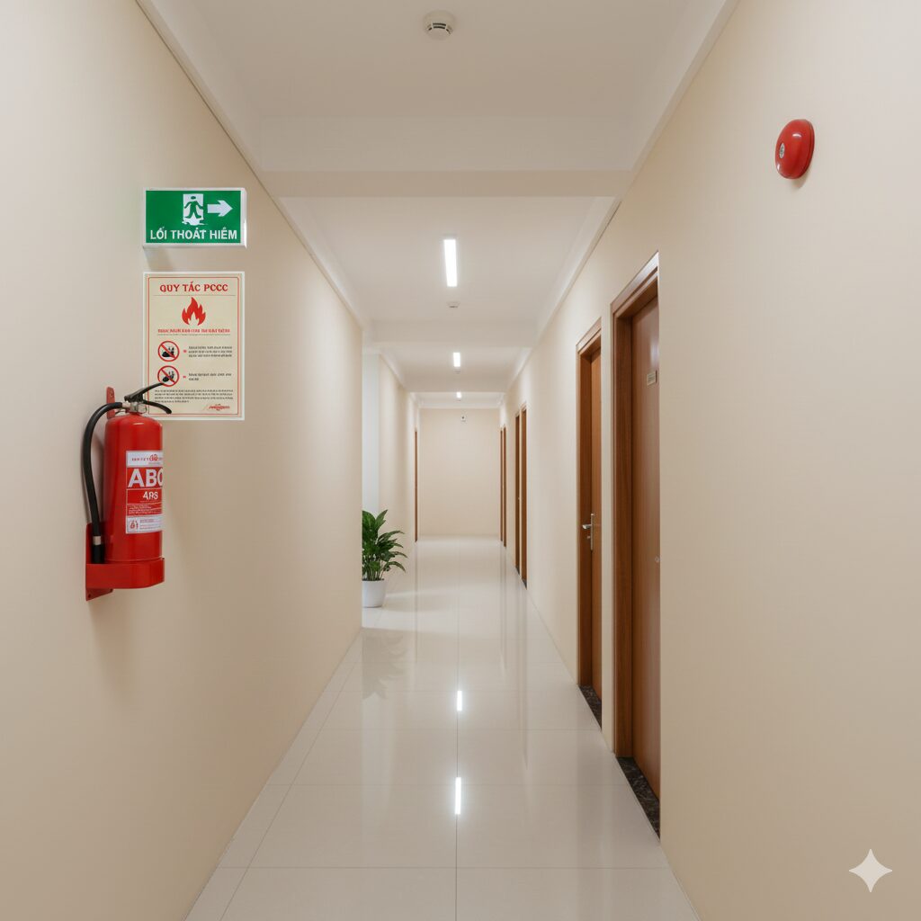 hanh lang nha cho thue co binh chua chay va den exit pccc