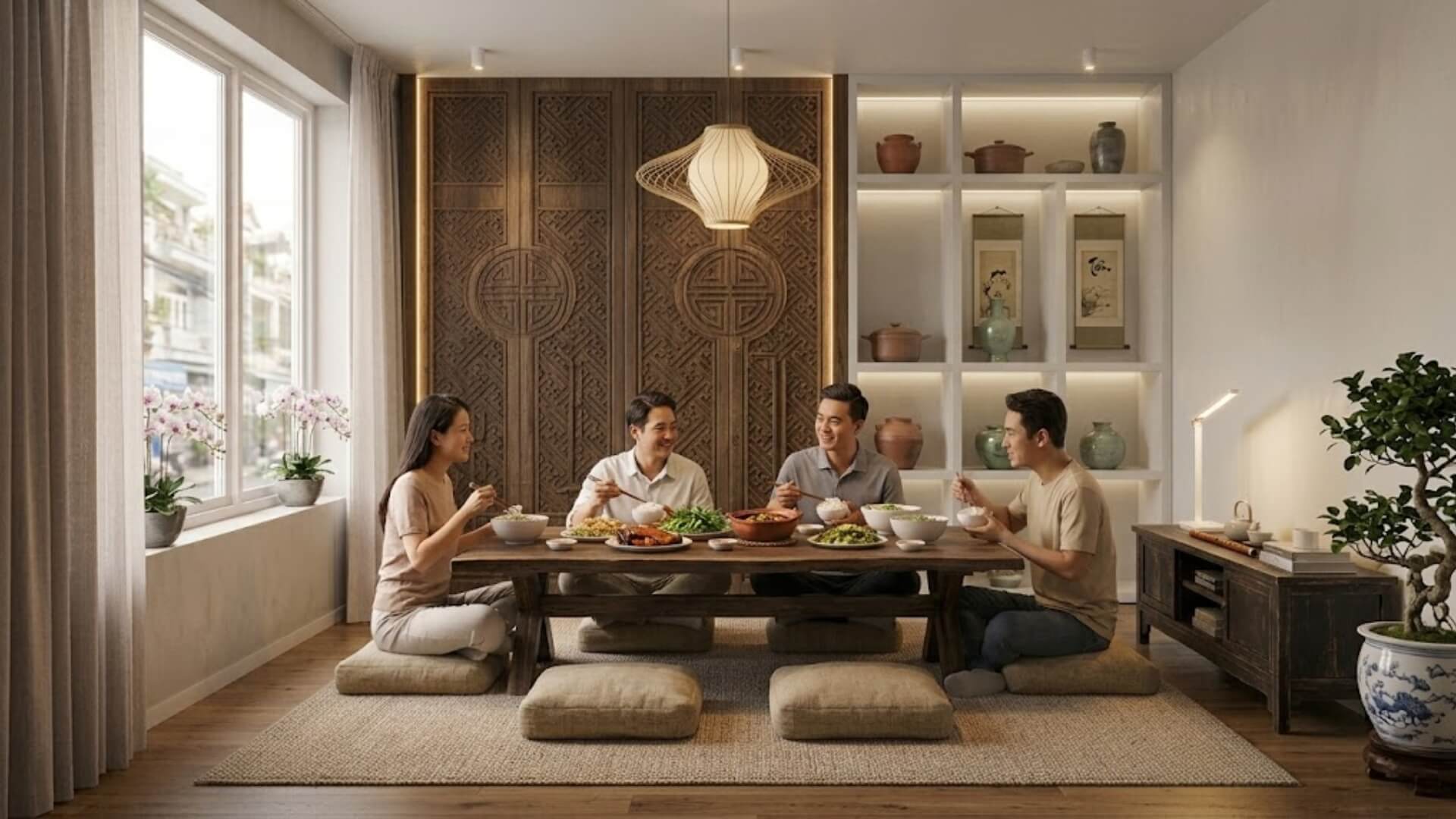 bàn ăn ngồi bệt kiểu Hàn Quốc gắn với văn hóa ngồi sàn