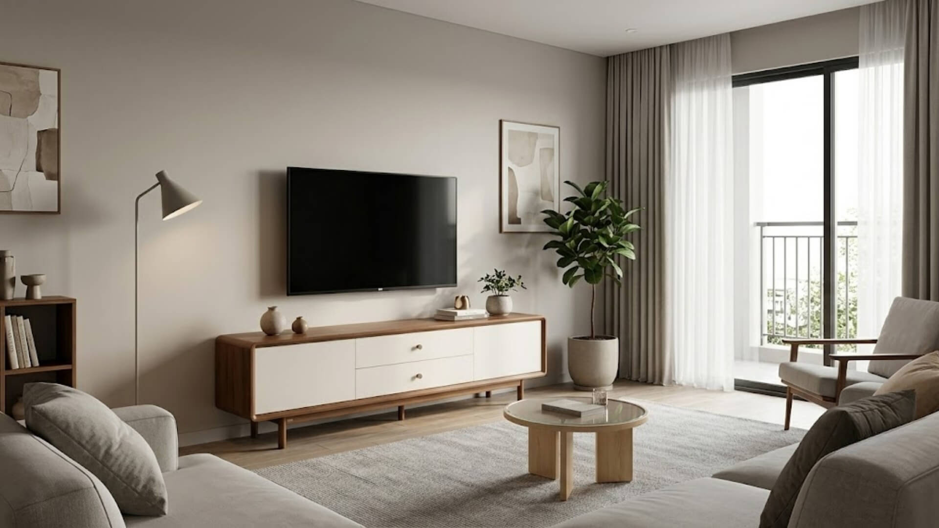 Cách phối kệ tivi với sofa và bàn trà