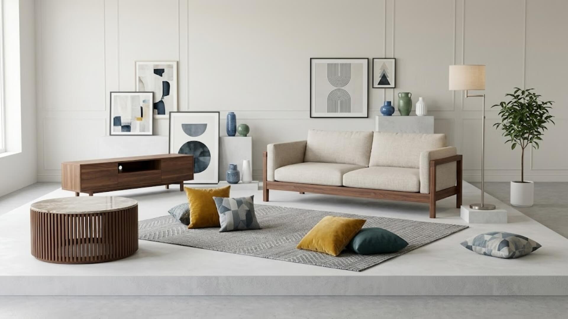 Cách phối sofa gỗ với nội thất phòng khách