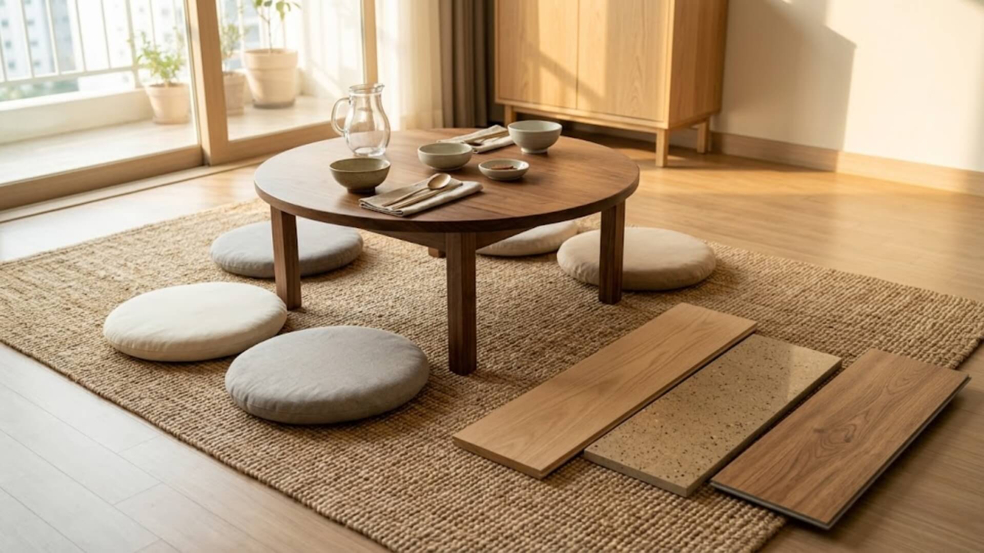 Chọn sàn và thảm như thế nào khi dùng bàn ăn bệt Hàn Quốc?