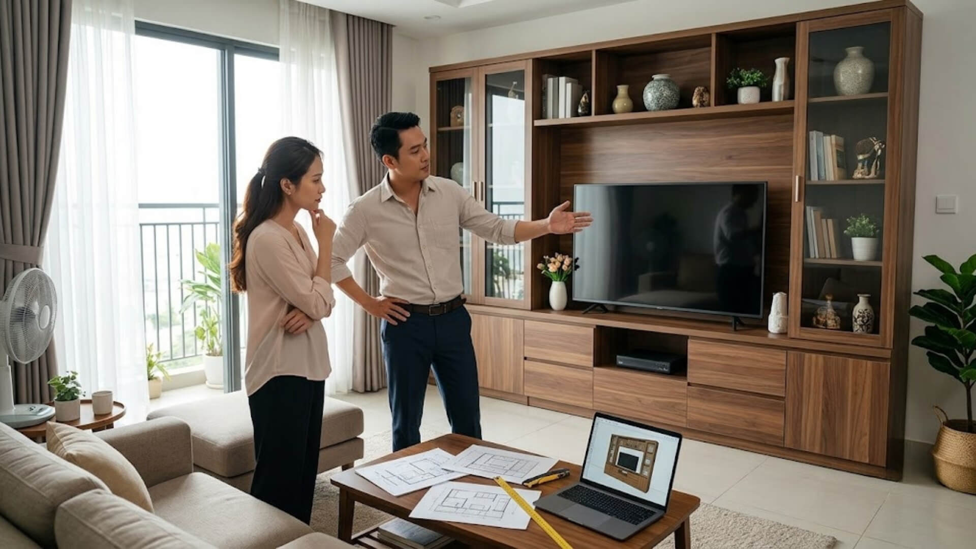 kệ tivi kết hợp tủ trang trí có sẵn hay đặt thiết kế riêng