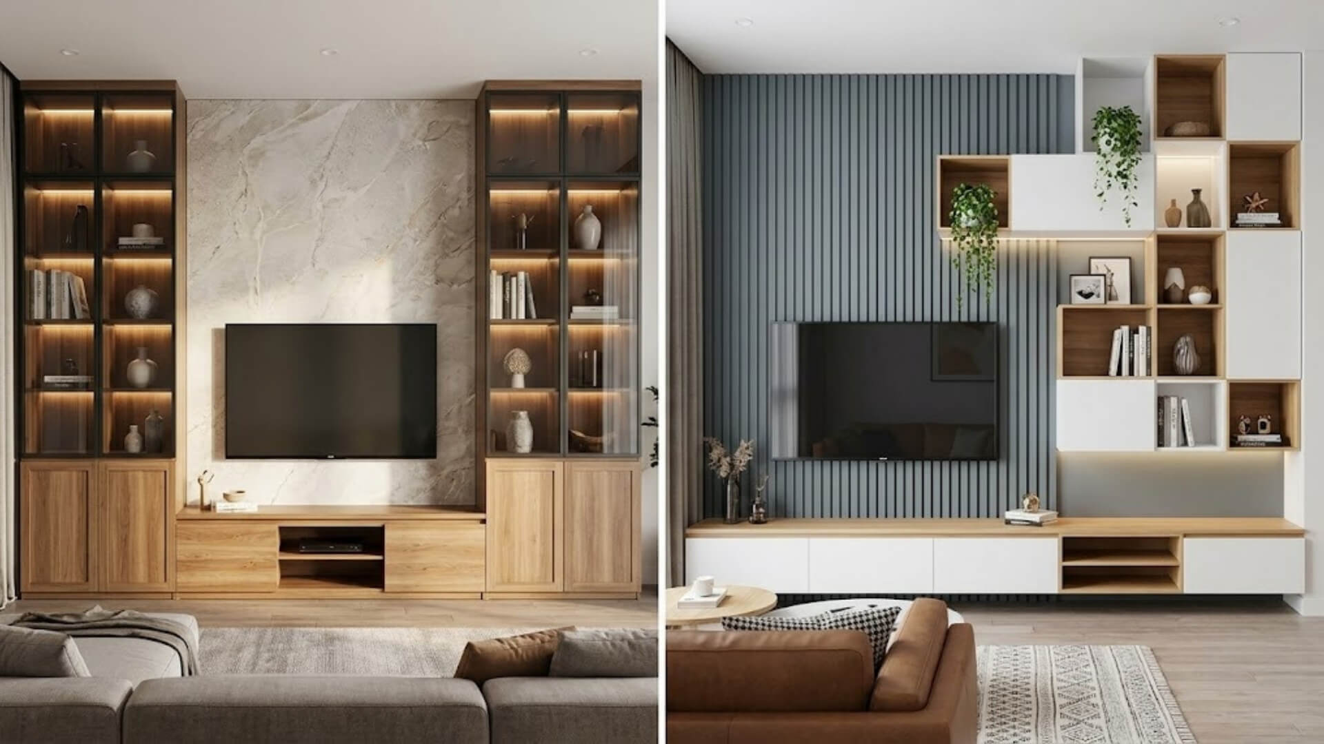 Những kiểu bố trí kệ tivi kết hợp tủ trang trí