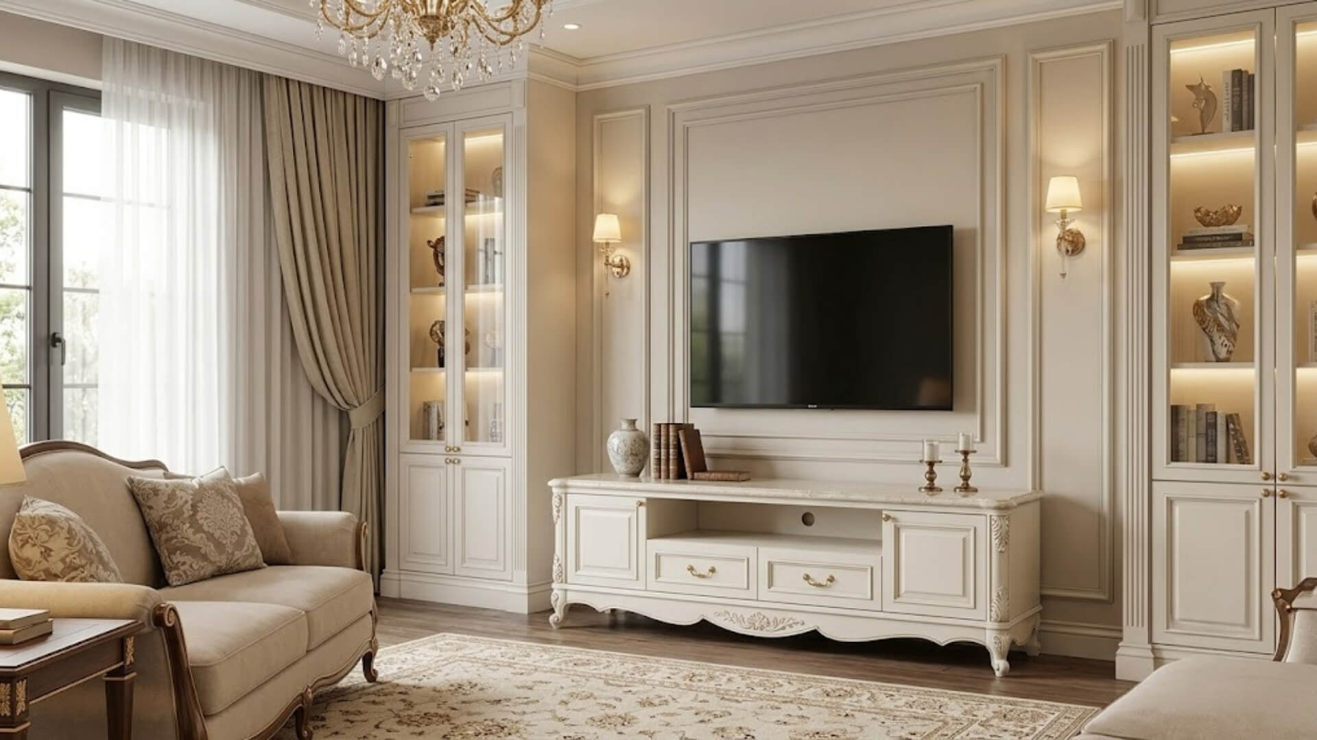 yếu tố tạo nên vẻ đẹp hài hòa của kệ tivi tân cổ điển