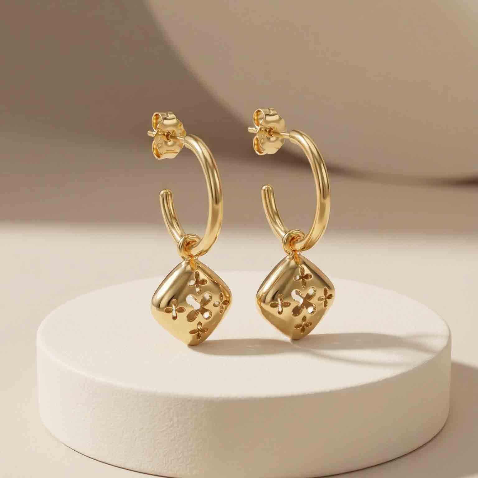 Bông tai GF 14K thiết kế khuyên vòng charm hình gối và họa tiết hoa BN JEWELRY