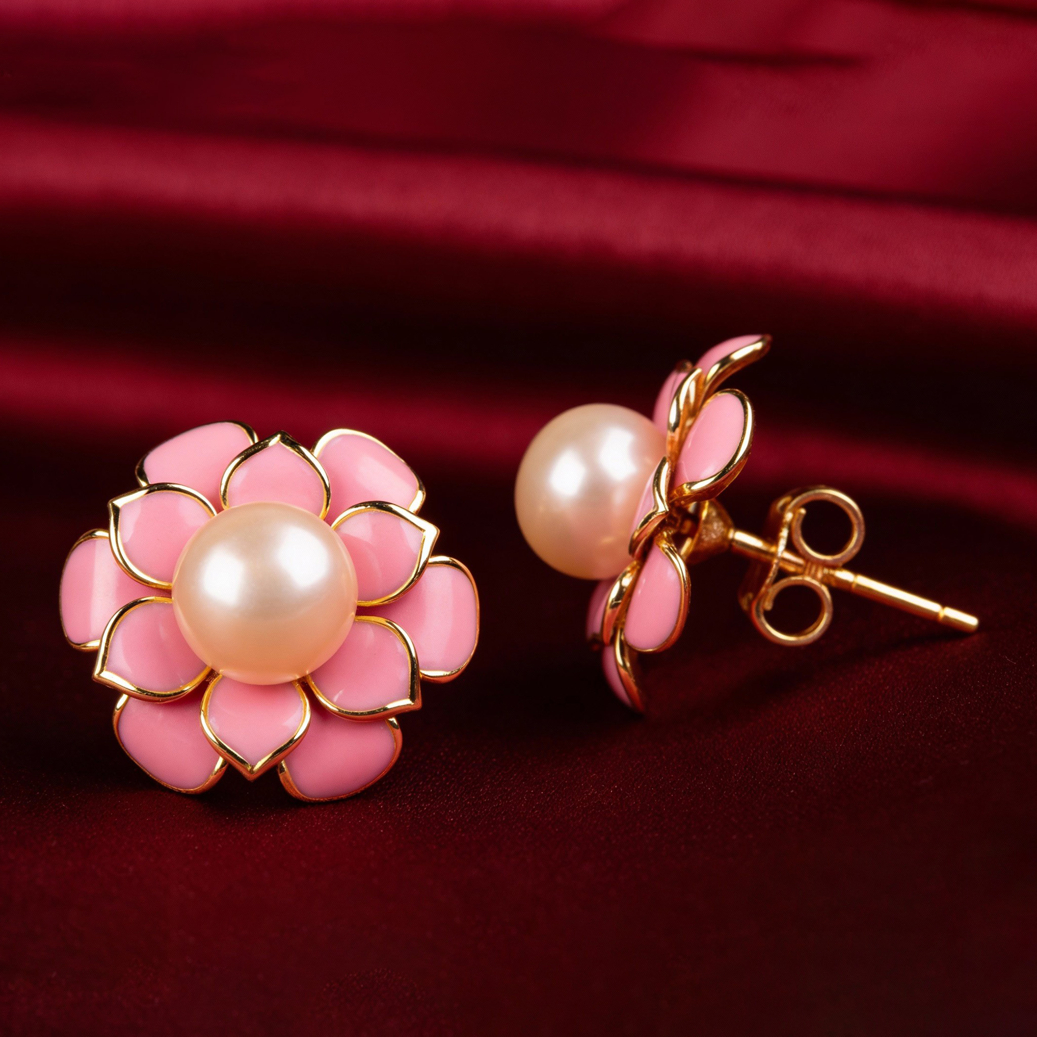 Bông tai thiết kế hoa đào đính ngọc trai BN JEWELRY