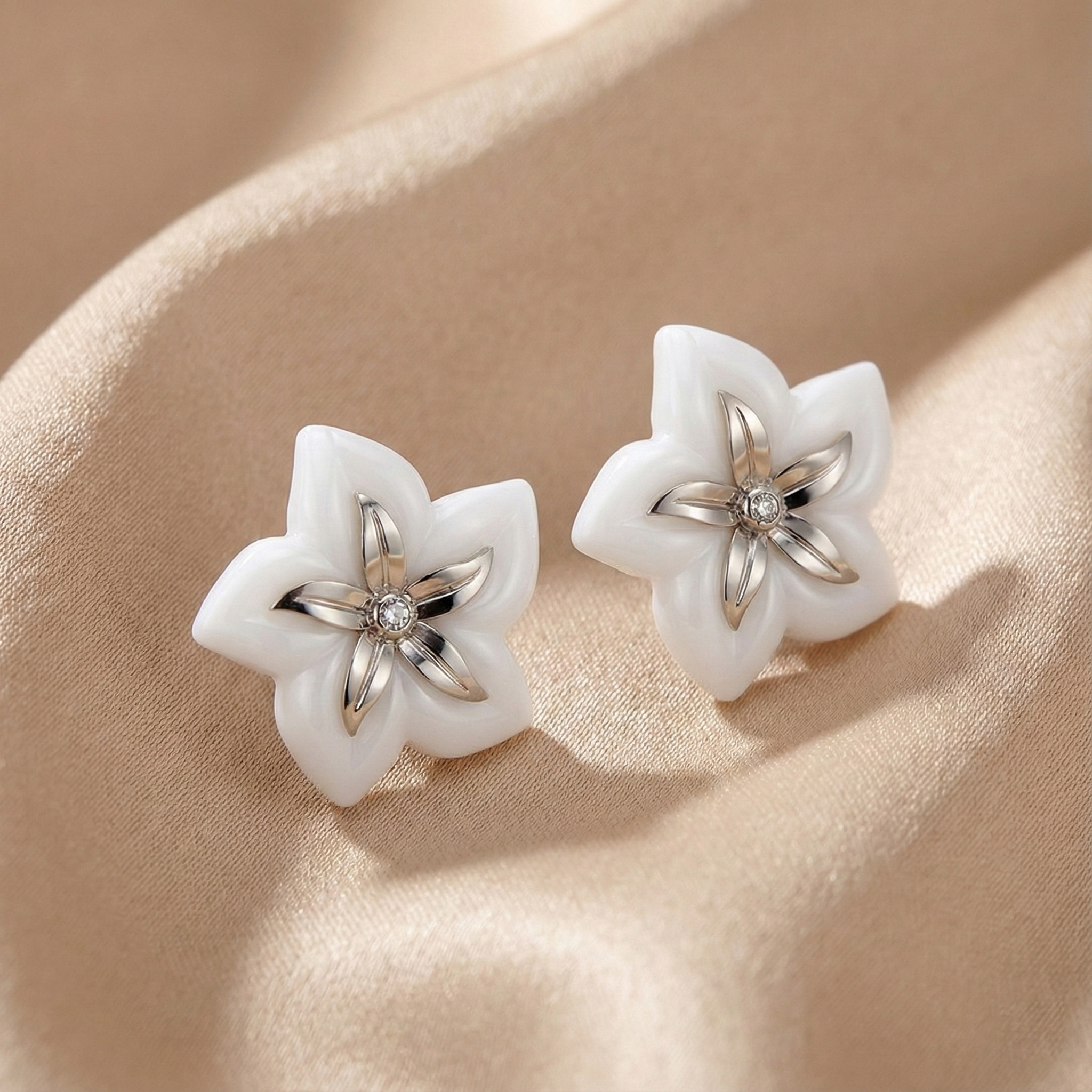 Bông tai hoa ly mã não trắng BN Jewelry