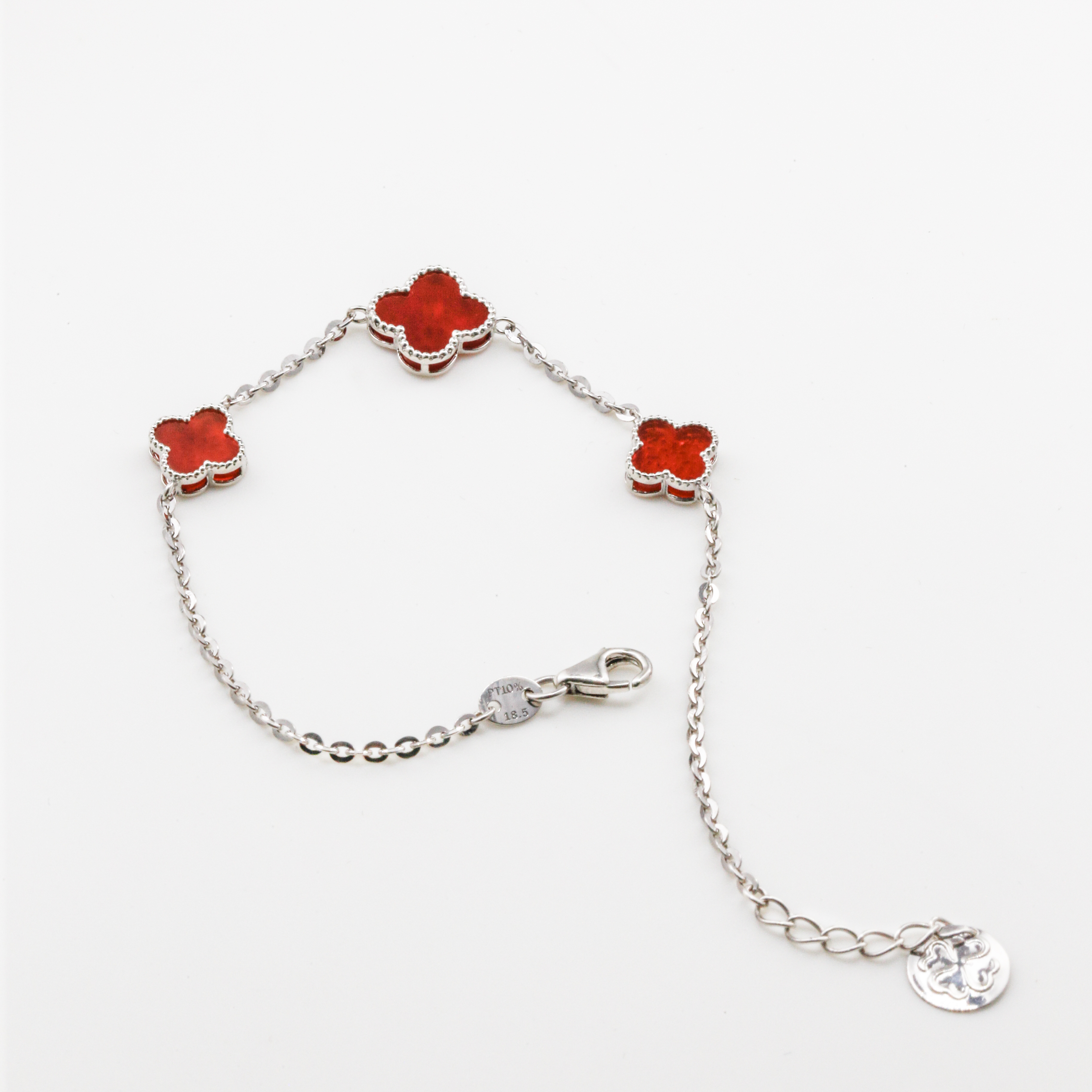 Lắc tay Bạch kim Platinum cỏ 4 lá đá đỏ viền bi phối 3 Charm BN JEWELRY | bản 10 ly & 8 ly - LTY1881_PT