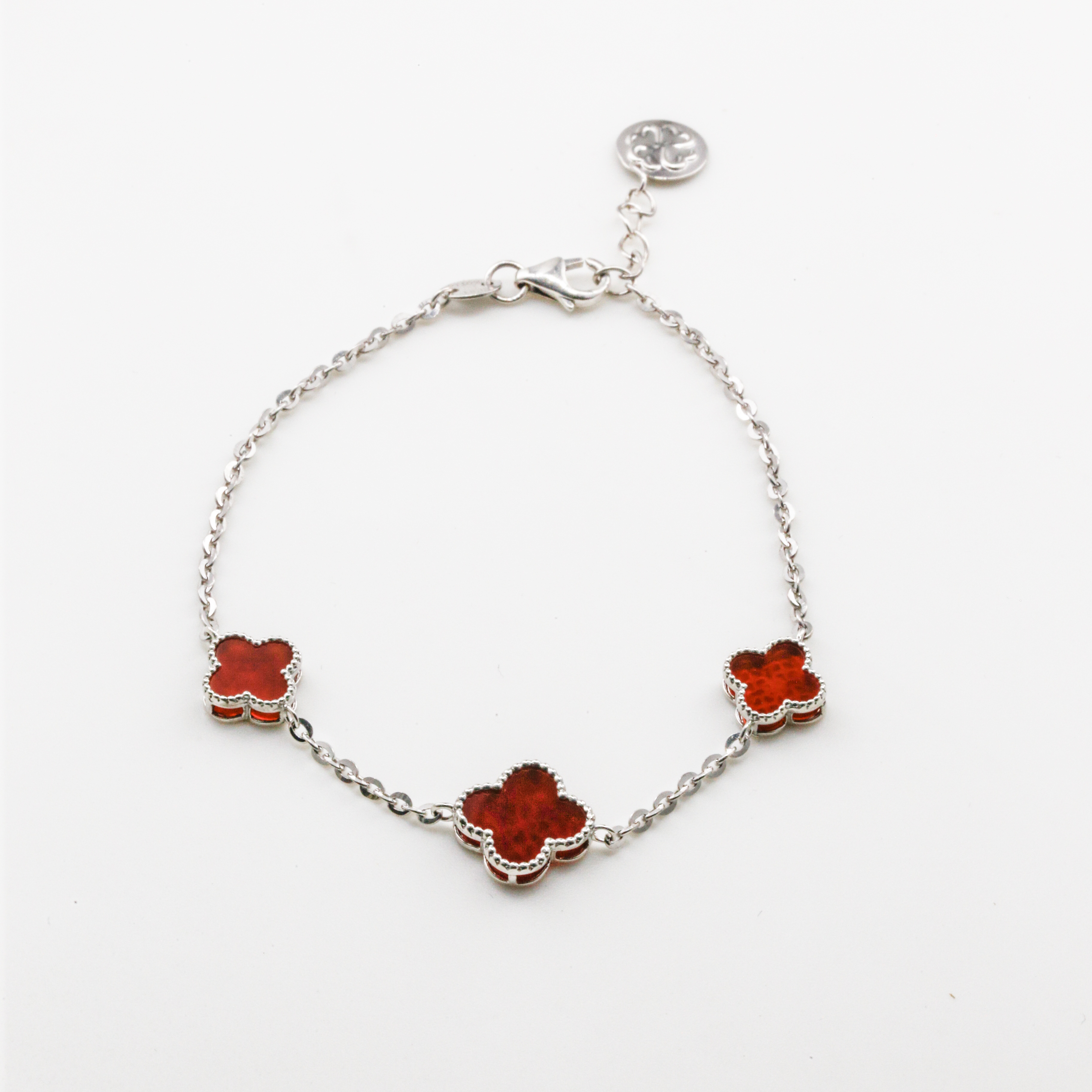 Lắc tay Bạch kim Platinum cỏ 4 lá đá đỏ viền bi phối 3 Charm BN JEWELRY | bản 10 ly & 8 ly - LTY1881_PT