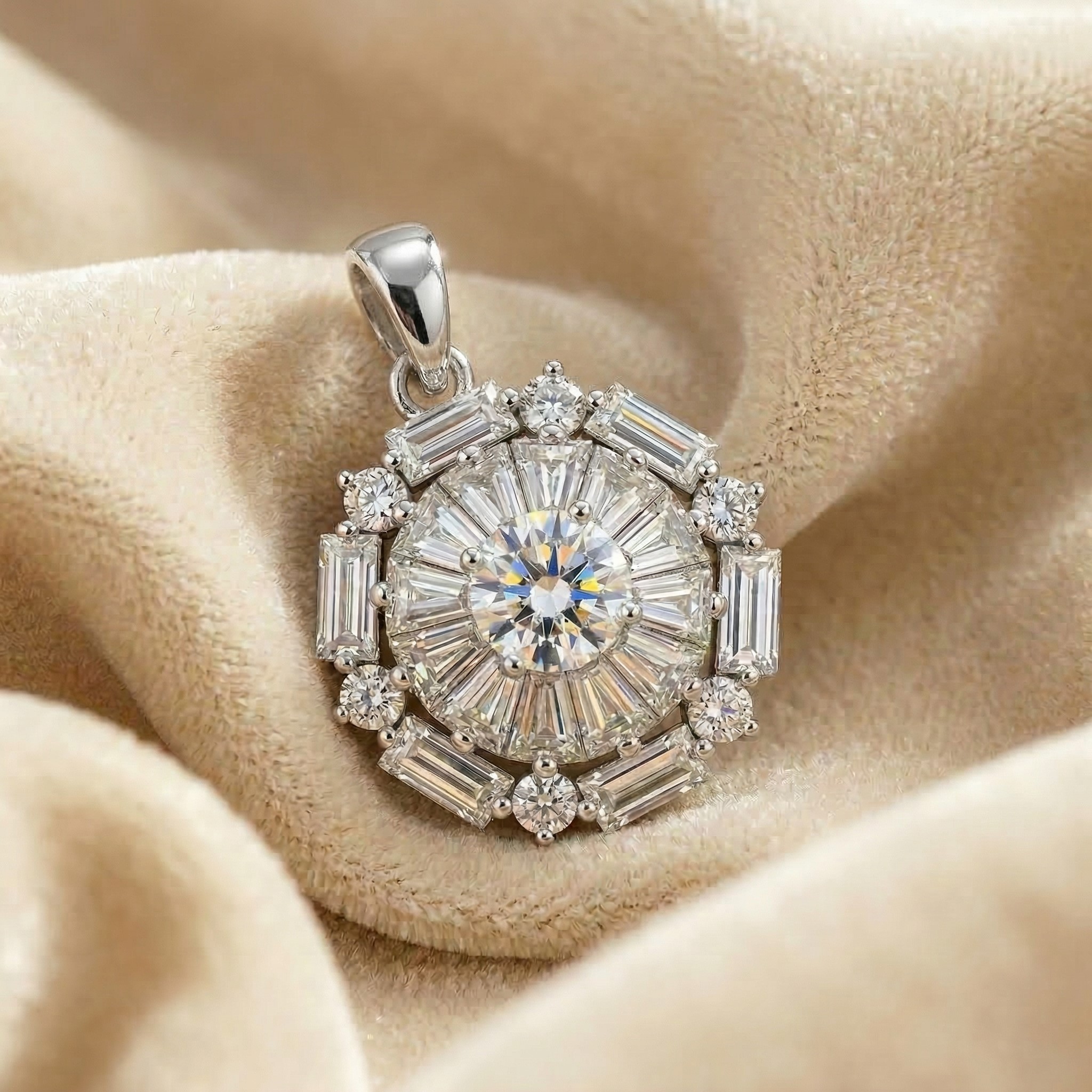 Mặt dây chuyền Platinum thiết kế Halo Baguette Sunburst BN JEWELRY _ MDY1491