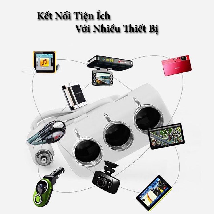 Tẩu chia sạc ô tô,Tẩu chia nguồn 3 ổ và 2 USB hàng cao cấp Olesoon có cầu chì bảo vệ điện an toàn phù hợp 12/24V